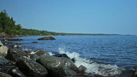 North shore summer lake superior rocks minnesota usa Stock Footage 138970103