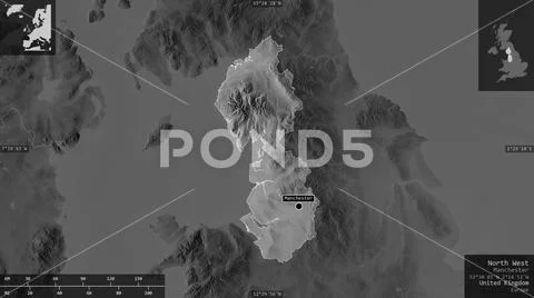 North West, United Kingdom. Grayscaled map with lakes and rivers Stock Illustration