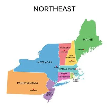 Northeast, U.S. census region, multi colored political map Stock Illustration