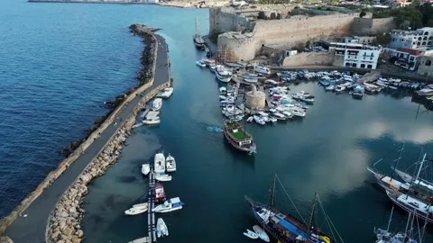 Northern Cyprus. Drone of mountains, sunlight, ocean. Beautiful beach. Ships Stock-Footage 231164501