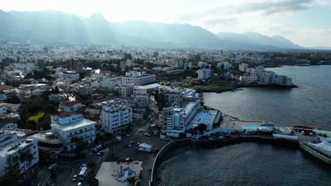 Northern Cyprus. Drone of mountains, sunlight, ocean. Beautiful beach. Ships Stock Footage 231164596