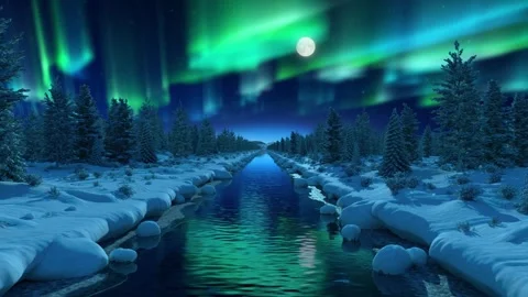 Northern lights above winter forest river Vídeo Stock 339446456