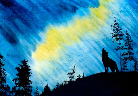 Northern Lights and the Wolf Stock Illustration