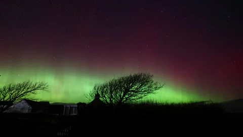 Northern lights over a cottage with a tree in orkney 4k time lapse Stock-Footage 304248266