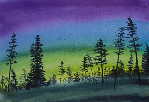 Northern lights over the forest Stock Illustration