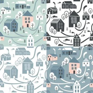 Northern town. Seamless pattern set for winter, New Year and Christmas theme Stock Illustration