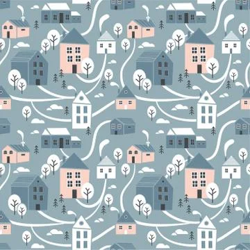 Northern town. Seamless pattern for winter, New Year and Christmas theme Stock Illustration