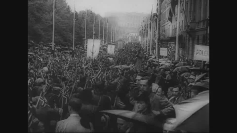 NORWAY - 1945: Liberation — Packed Crowd Fills Tree-Lined Avenue Stock Footage 342856548