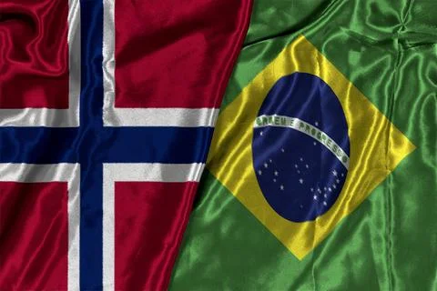 Norway and Brazil two flags textile cloth fabric texture 写真素材