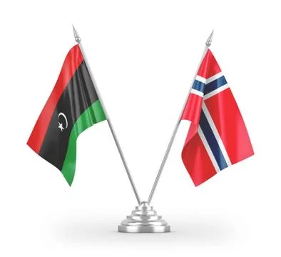 Norway and Libya table flags isolated on white 3D rendering Stock Illustration