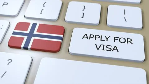Norway, Apply for Visa Concept. Button Push 3D Illustration. Visa Apply for Illustrazione stock