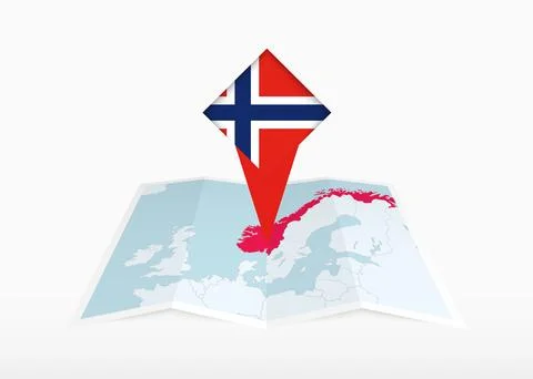 Norway is depicted on a folded paper map and pinned location marker with fl.. Stock Illustration