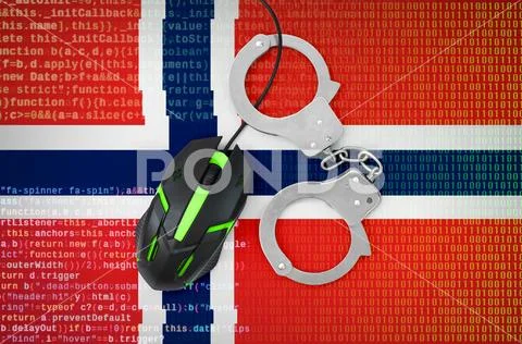 Norway flag and handcuffed computer mouse. Combating computer crime, hackers Stock Photos