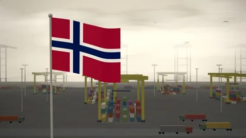 Norway Flag Flying Over Container Terminal Stacking Yard seamless loop Stock-Footage 344848068