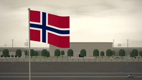 Norway Flag Flying Over Embassy Compound Perimeter Wall seamless loop Stock Footage 345132837
