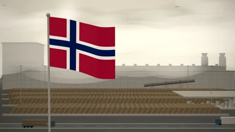 Norway Flag Flying Over Paper Mill Log Yard seamless loop Stock Footage 345379318