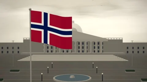 Norway Flag Flying Over State Capitol Government Building seamless loop Video stock 344848218