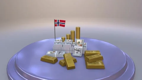 Norway flag waving behind stacks of dollar cash gold bars and coins on blue.. Stock Footage 328664459
