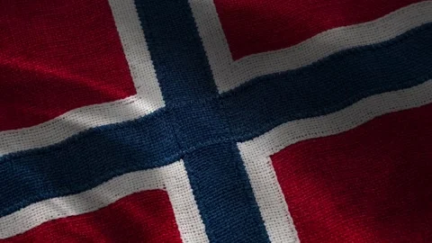 Norway flag waving closeup with blue Nordic cross on red fabric, patriotic seaml Stock Footage 339547563
