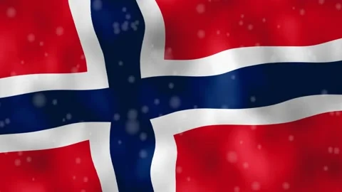 Norway flag waving in the wind with snow flakes falling down, real animation. Stock Footage 147376800