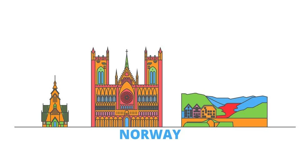 Norway line cityscape, flat vector. Travel city landmark, oultine illustration Stock-Illustration