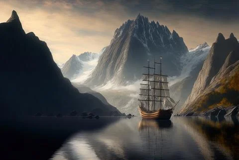 In Norway, a lone ship may be seen in a lake surrounded by tall rocky mountains Stock Illustration