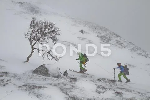 Norway, Lyngen, Skiers Walking In Blizzard