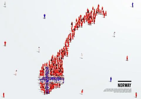 Norway Map and Flag. A large group of people in the Norwegian flag color. Illustrazione stock