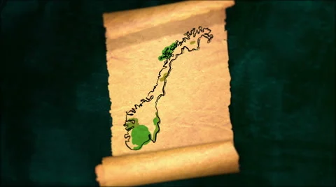 Norway Map Painting Unfolding Old Paper Scroll 3D 4K Stock Footage 59100778