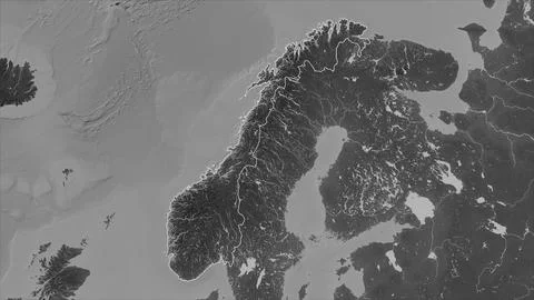 Norway outlined on a Grayscale elevation map with lakes and rivers Illustrazione stock
