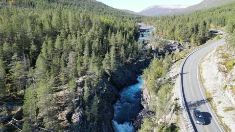 Norway’s Turquoise River Flowing Through Green Landscapes | Drone Footage Stock Footage 323378810