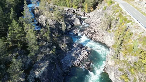 Norway’s Turquoise River Flowing Through Green Landscapes | Drone Footage Stock Footage 323378819