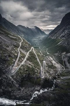 Norwegian famous zigzag road with dramatic sky Stock Photos