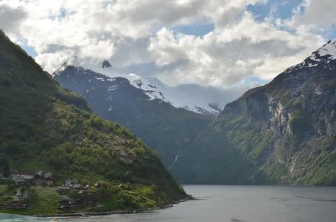 Norwegian Fjord Waterfall nature background skandinavia cruise Stock Photos