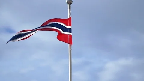 Norwegian flag blowing in the wind Stockbeeldmateriaal 70148336
