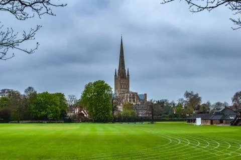 Norwich Cathedral? across playing fields Stock Photos