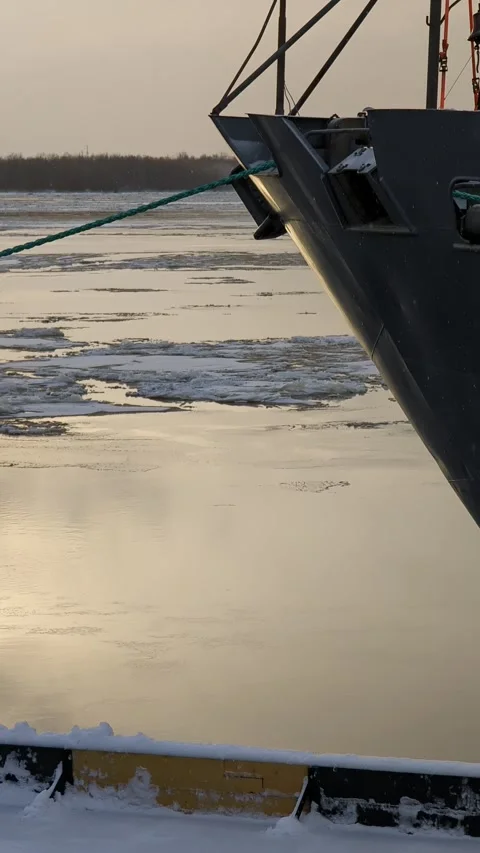 The nose of a moored ship during an ice drift Stock Footage 255818905