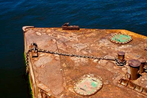 Nose rusty barge on a river Stock Photos