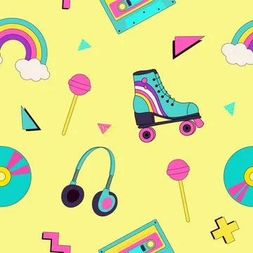 Nostalgia for 90s seamless pattern. Vintage cassette, roller skate, lolipop, 스톡 일러스트