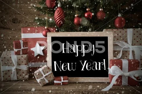 Nostalgic Christmas Tree With Happy New Year, Snowflakes Stock Photos