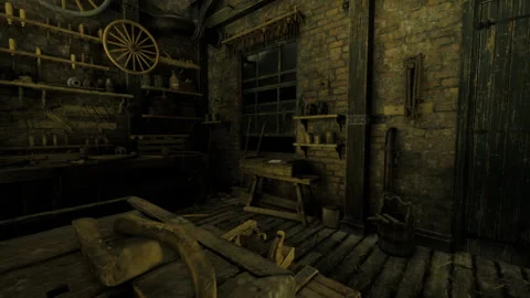 Nostalgic craft workshop with aged tools and textured shadows Stock Footage 339791209