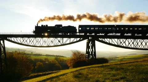 Nostalgic retro background of steam engine train locomotive Stock Footage 43558561