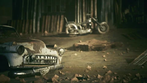 Nostalgic scene featuring aged metal objects amidst sandy and wooden decay Stock Footage 338339833