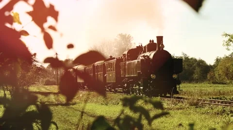 Nostalgic steam engine train locomotive. retro vintage background Stock Footage 43555615