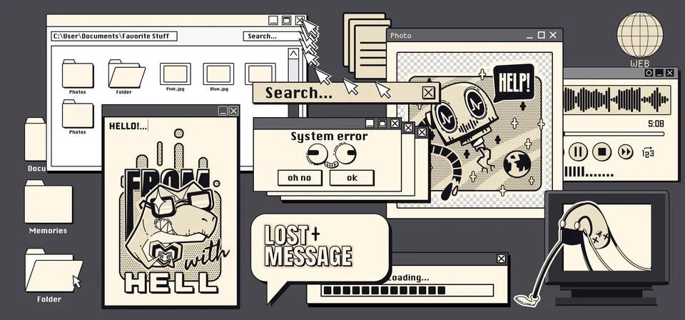 Nostalgic y2k internet computer windows Stock Illustration