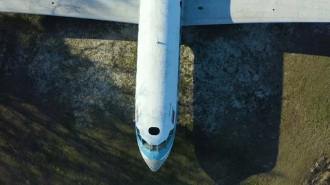 Not flying jet small Soviet aircraft on the site as monument, top-down view from Video stock 127659597