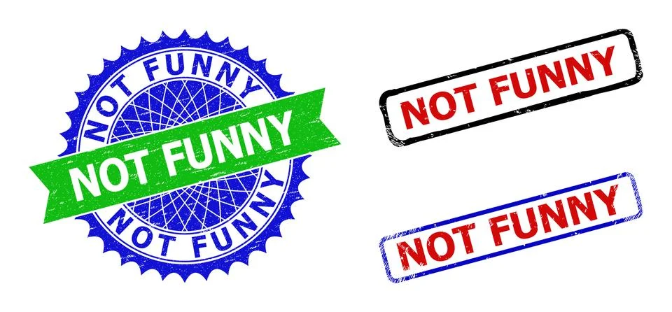 NOT FUNNY Rosette and Rectangle Bicolor Badges with Grunge Textures Stock Illustration