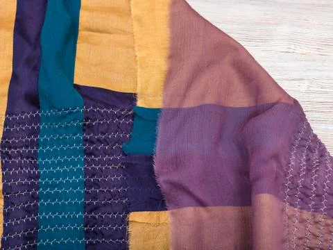 Not hemmed stitched silk patchwork scarf 写真素材