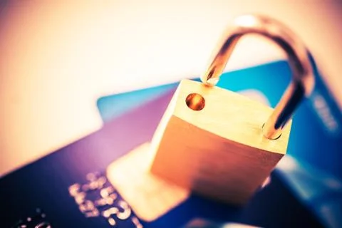 Not Safe Payments Concept. Padlock on Credit Cards Closeup Photo Concept. Foto stock