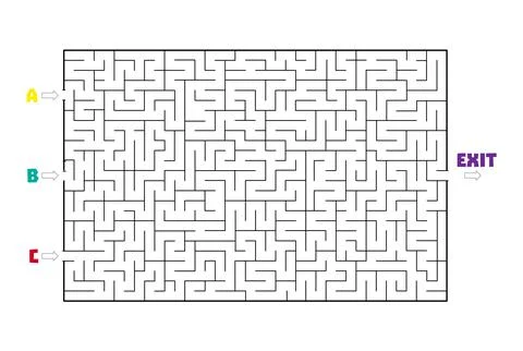 Not so easy Rectangle labyrinth with three entries A B C and One exit (only o Illustrazione stock